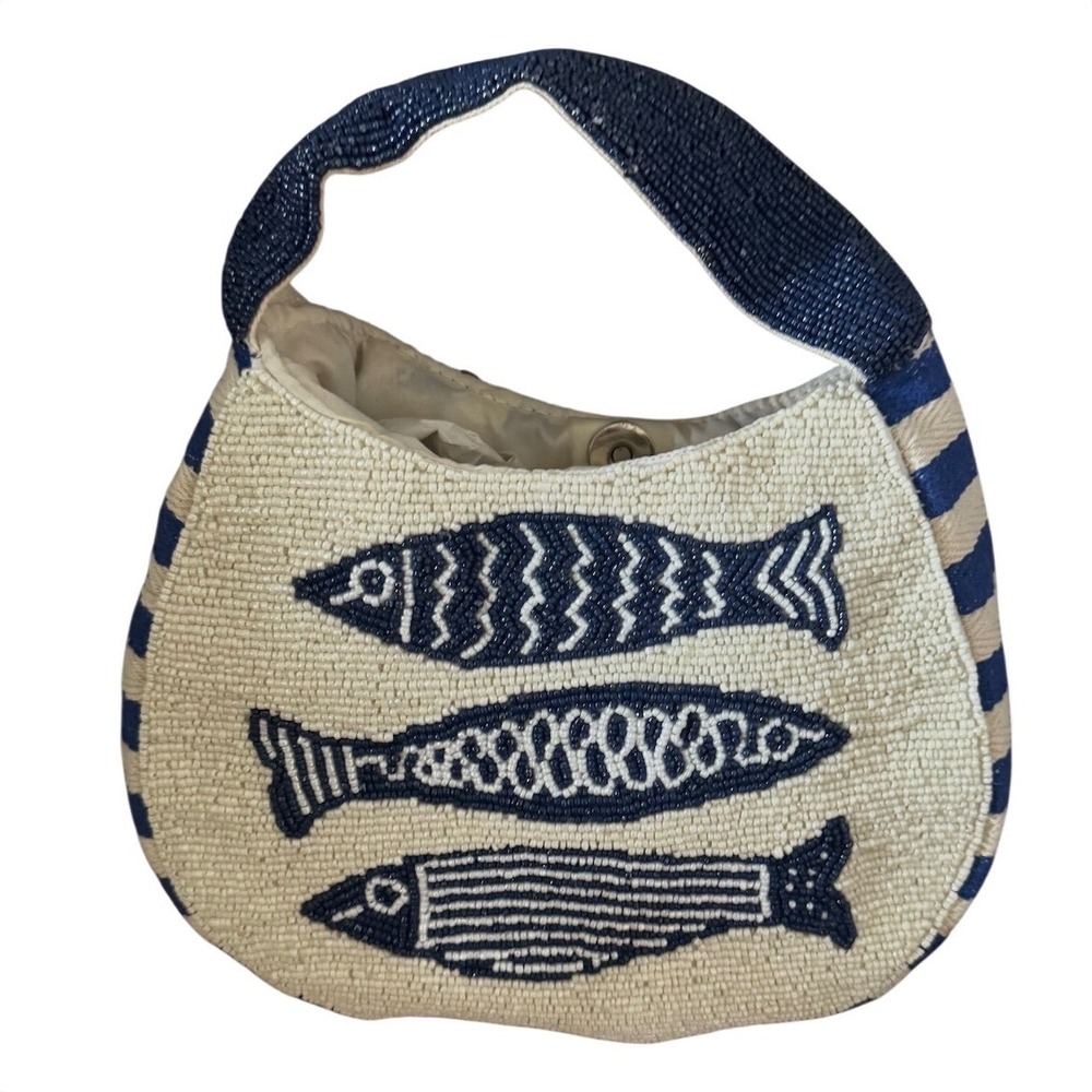 Sardines Blue Cream Beaded Small Tote New